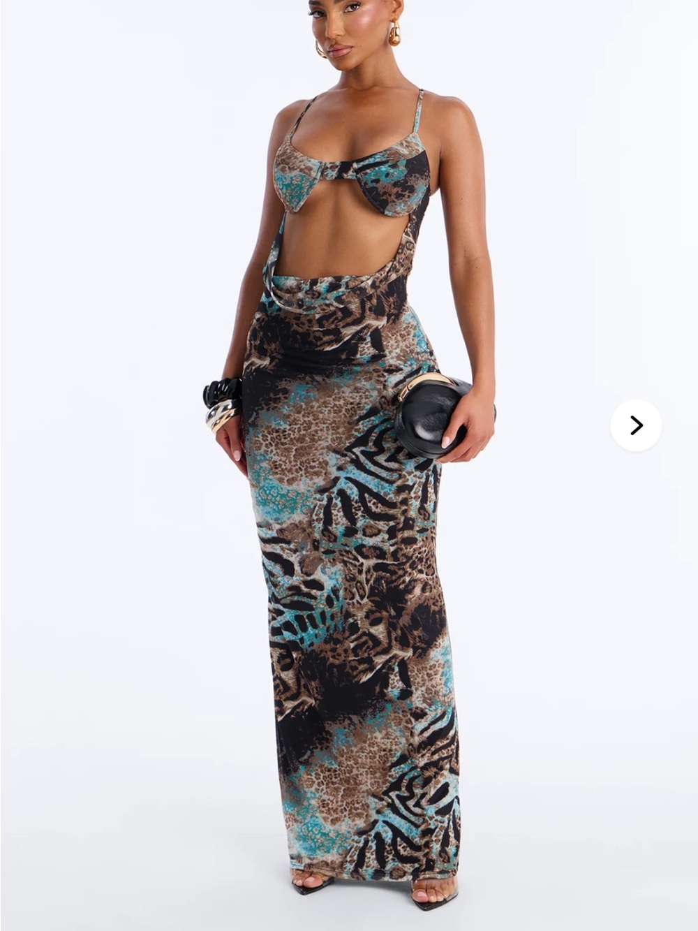 Fashion Nova Teal and Brown Animal-Print Cutout Maxi Dress